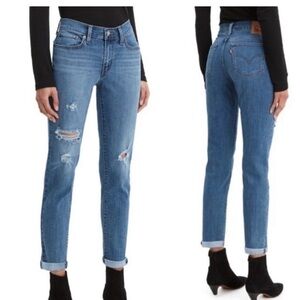 Levi’s Medium Wash Distressed Ripped Stretch Denim Boyfriend Jeans Sz 30